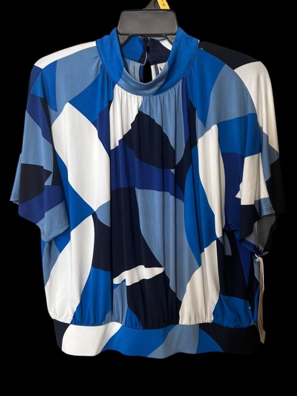 NWT Worthington Blue Abstract Print Mock Neck Blouse Size M Flutter Sleeve